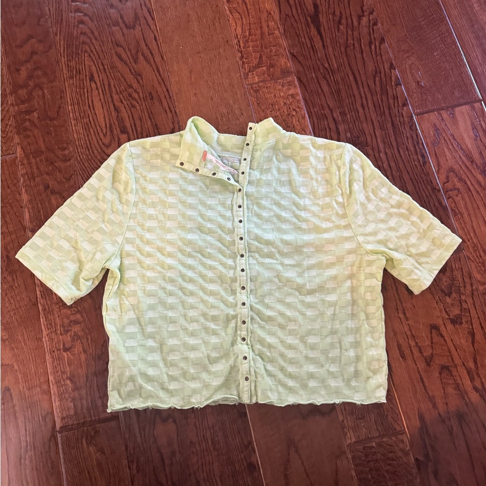 Free People Light Green Textured Snap-Front Cropped Shirt